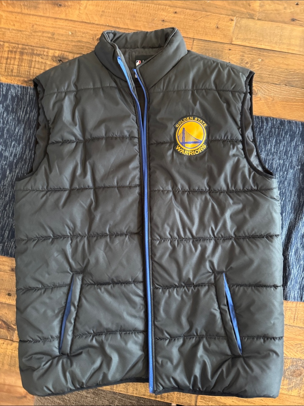 NBA Golden State Warriors Black Quilted Vest with Blue and Yellow Logo